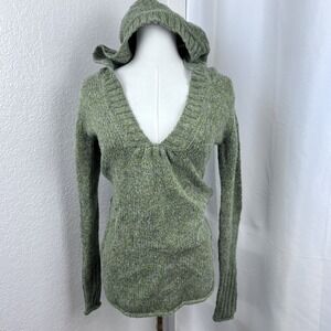 Y2K Hooded Sweater Womens Small Green Speck Wool Blend Indie Boho Grunge Cozy